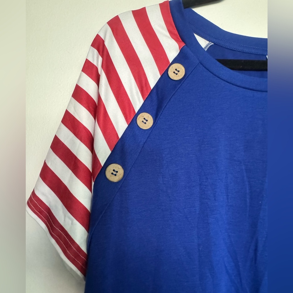 Red White Blue Patriotic Women’s Shirt Stripe Sleeves Colorblock Tunic XL NEW - Picture 5 of 7